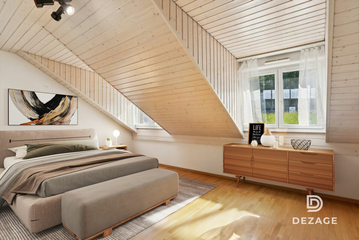 Helles Dachgeschoss-Schlafzimmer mit Holzverkleidung