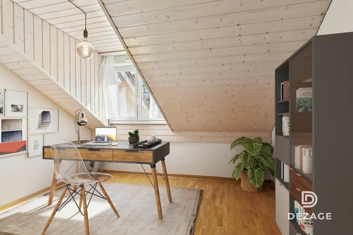 Dachgeschoss-Arbeitszimmer mit Holzverkleidung