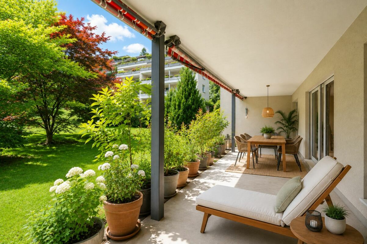 Überdachte Terrasse mit Gartenblick