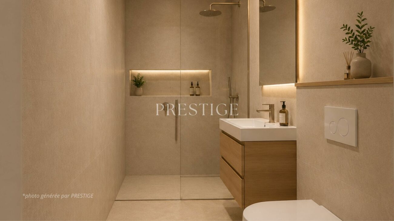Modernes Badezimmer mit bodengleicher Dusche und Holzwaschtisch