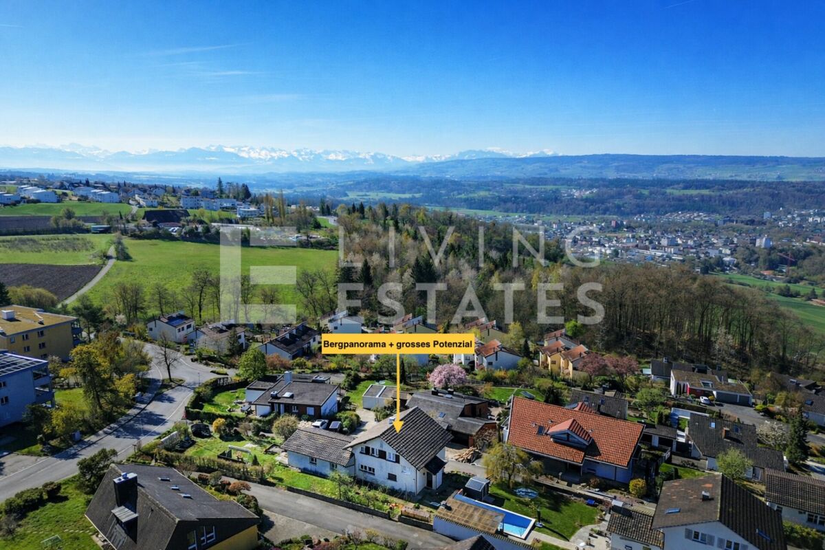 Luftaufnahme einer Wohnsiedlung mit Bergpanorama