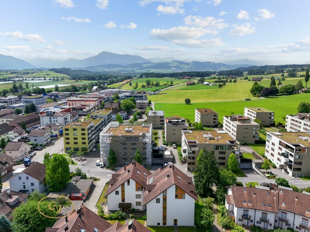 Luftaufnahme eines Wohngebiets mit Alpenpanorama