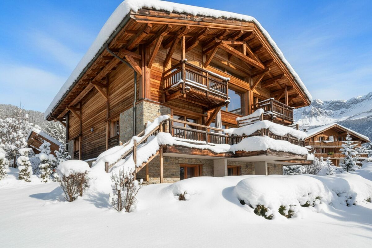 Verschneites Holzchalet in den Bergen