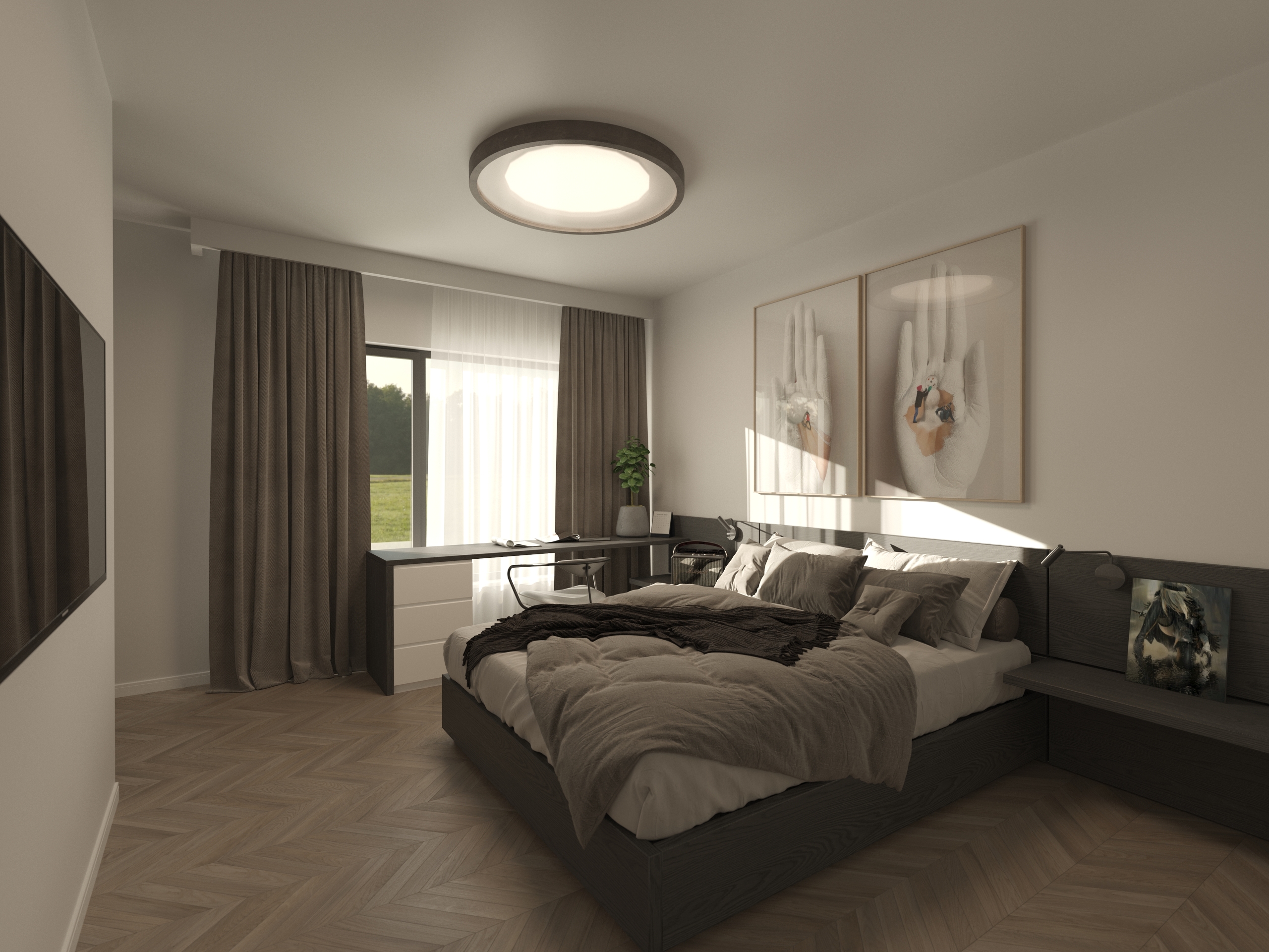 Modernes Schlafzimmer mit Fensterfront