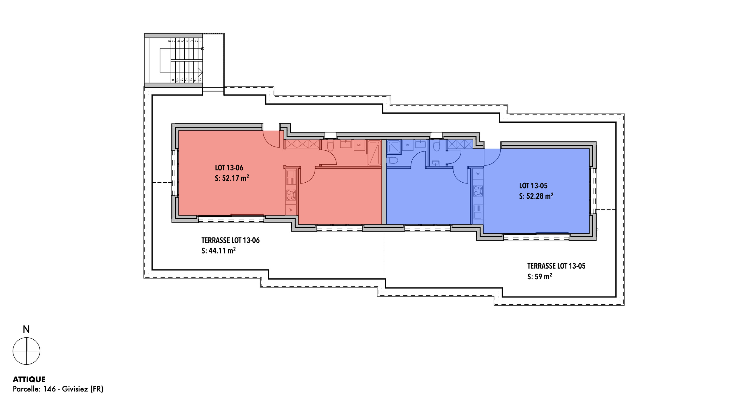 Dachgeschoss-Grundriss mit zwei Einheiten und Terrassen