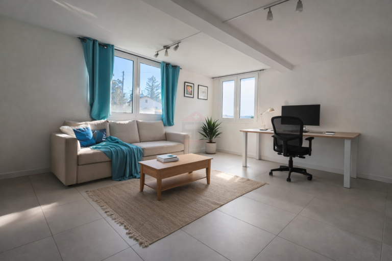 Helles Wohnzimmer mit Arbeitsplatz