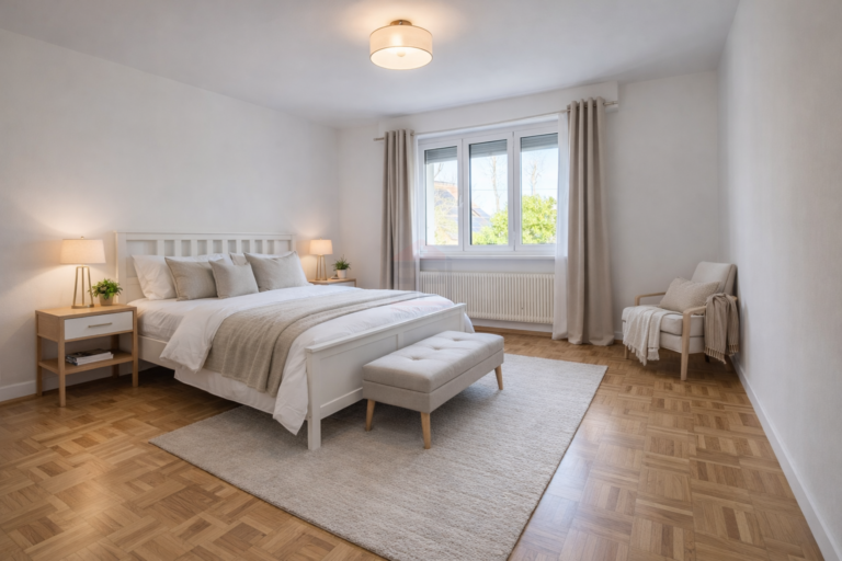 Helles Schlafzimmer mit weißem Bett und Holzboden