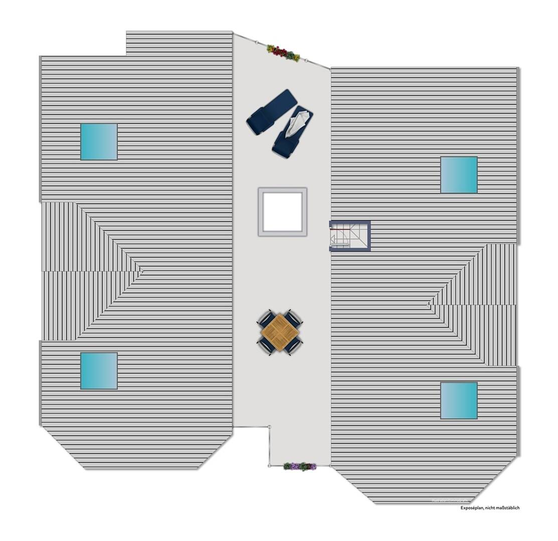 Dachaufsicht eines Hauses mit Terrassen und Dachflächenfenstern