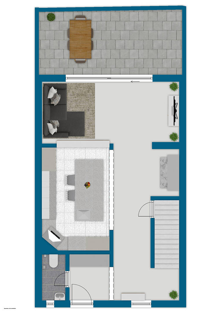 Grundriss einer Wohnung mit Terrasse, Wohnbereich, Küche und Nebenräumen