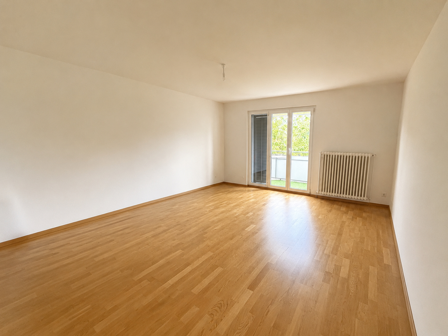 Heller leerer Wohnraum mit Balkon und Heizkörper