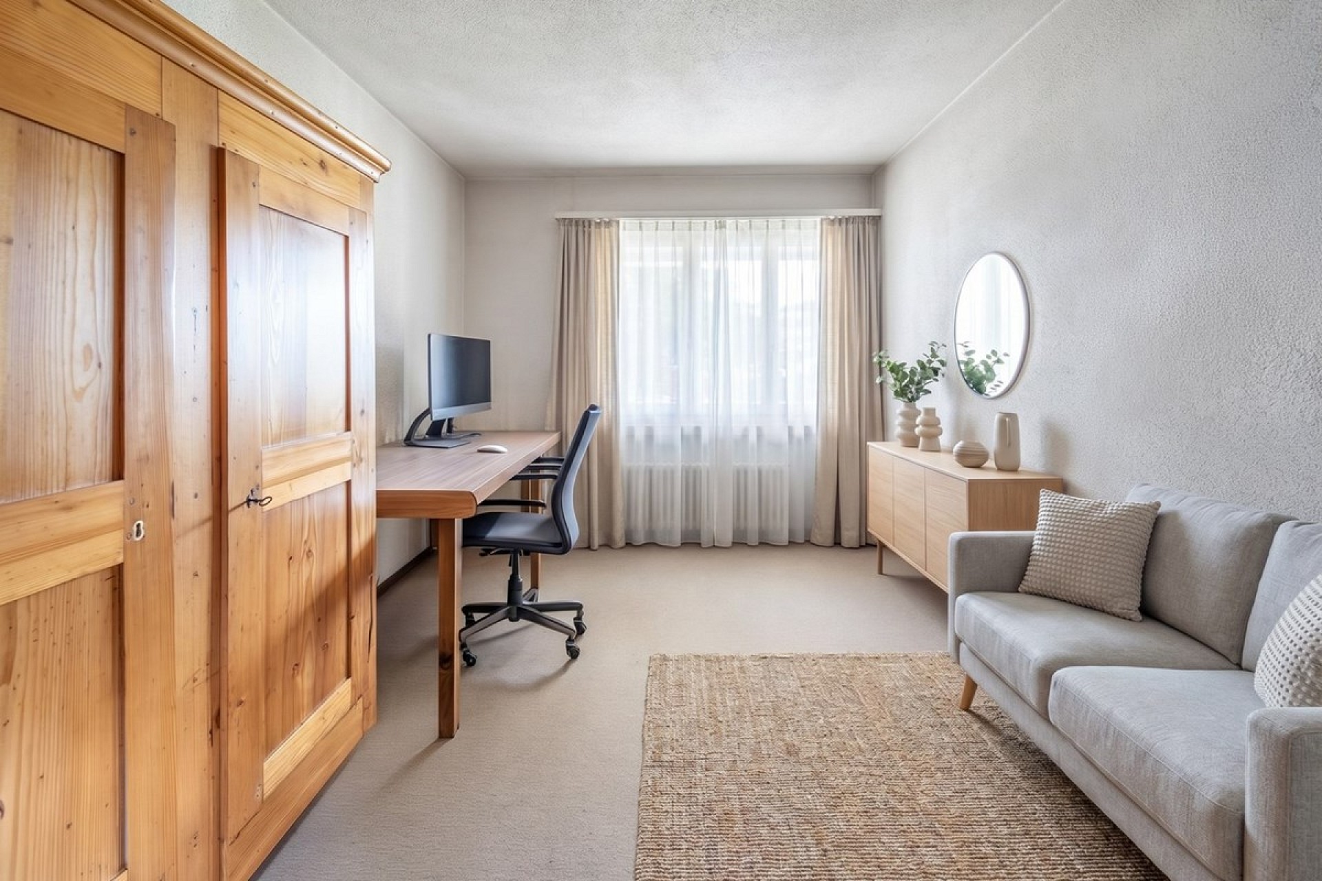 Helles Arbeitszimmer mit Schrank und Sofa