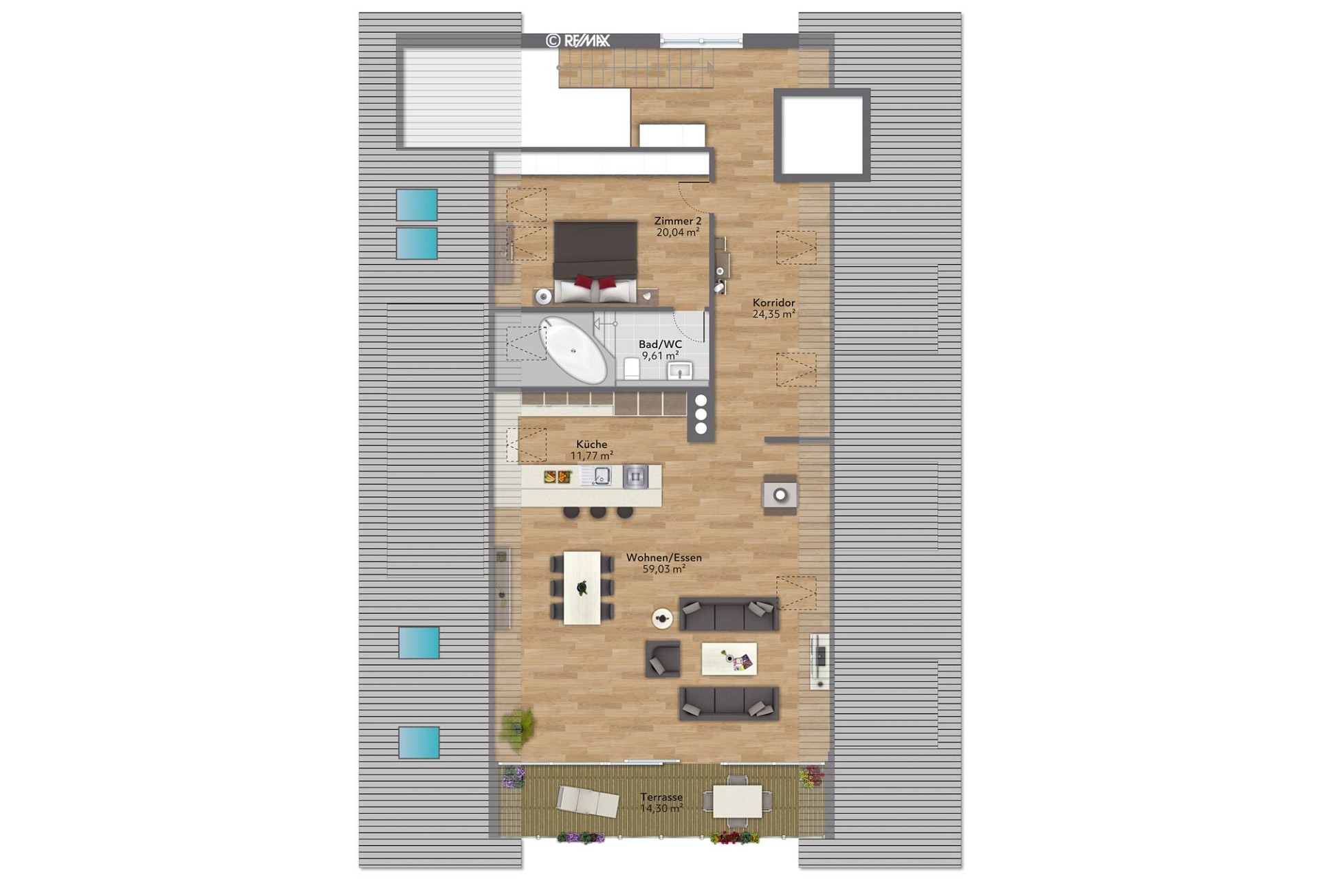 Grundriss eines Dachgeschosses mit Wohnen/Essen, Küche, Bad/WC, Zimmer, Korridor und Terrasse