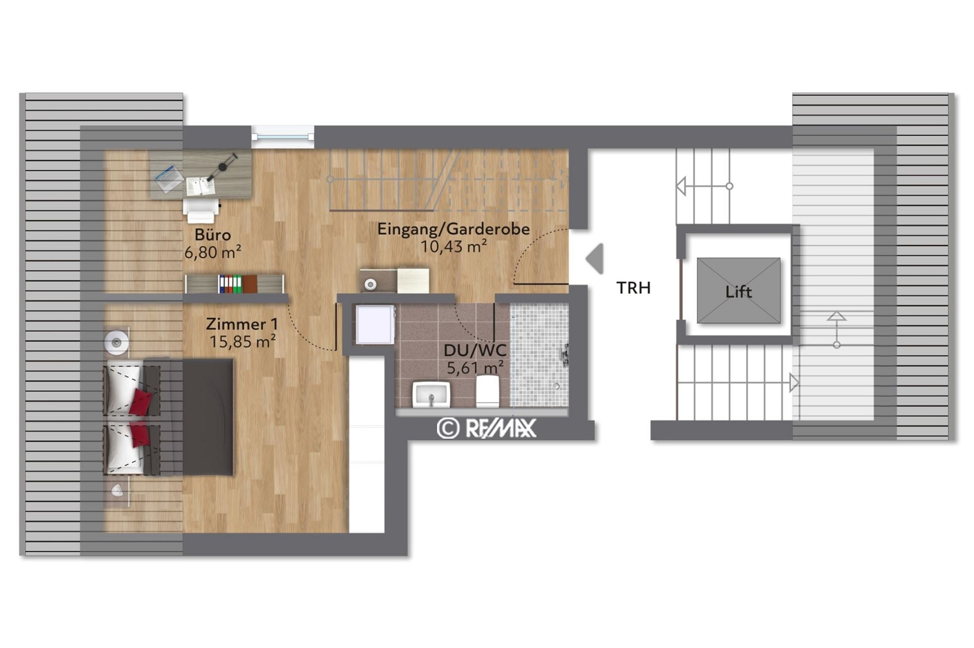 Grundriss mit Büro, Zimmer, Eingang/Garderobe, DU/WC, Treppenhaus und Lift