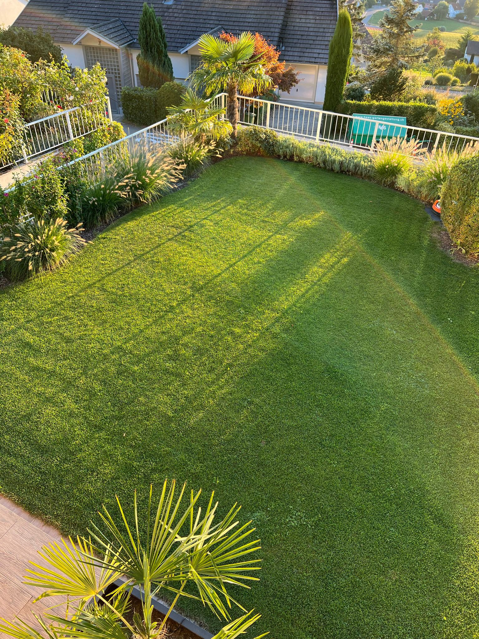 Gepflegter Garten mit Rasenfläche und mediterraner Bepflanzung