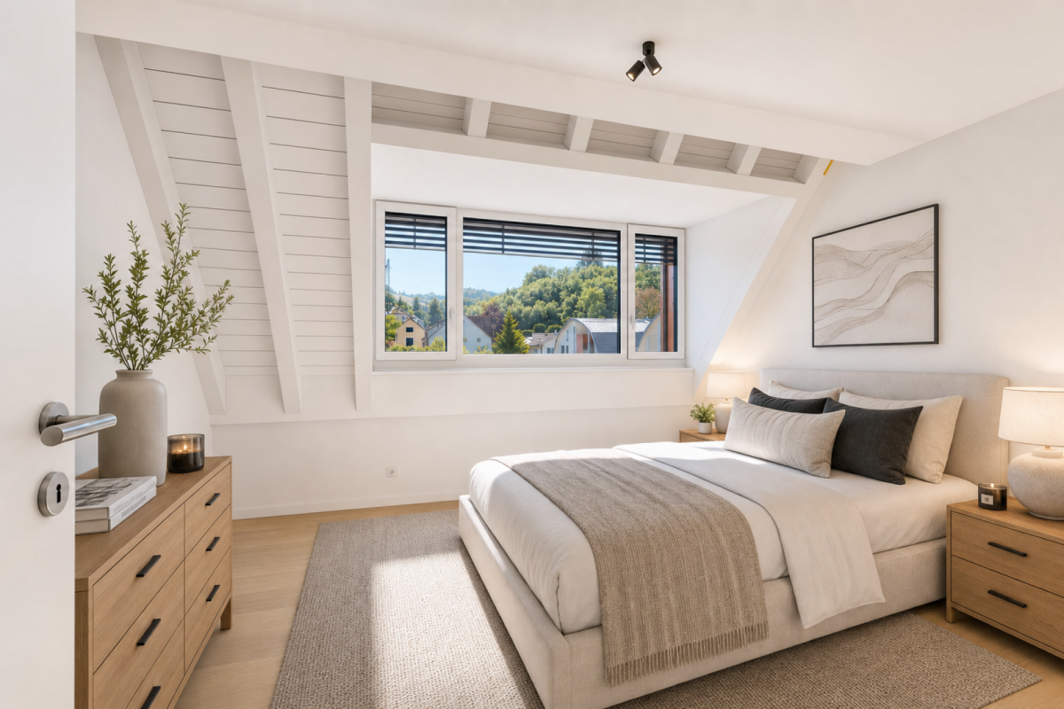 Helles Schlafzimmer unter einer Dachschräge