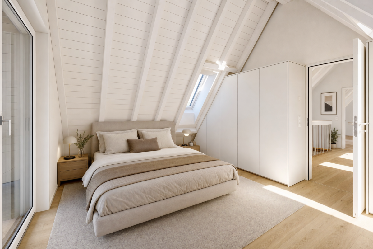 Helles Dachgeschoss-Schlafzimmer mit Satteldach und Einbauschrank