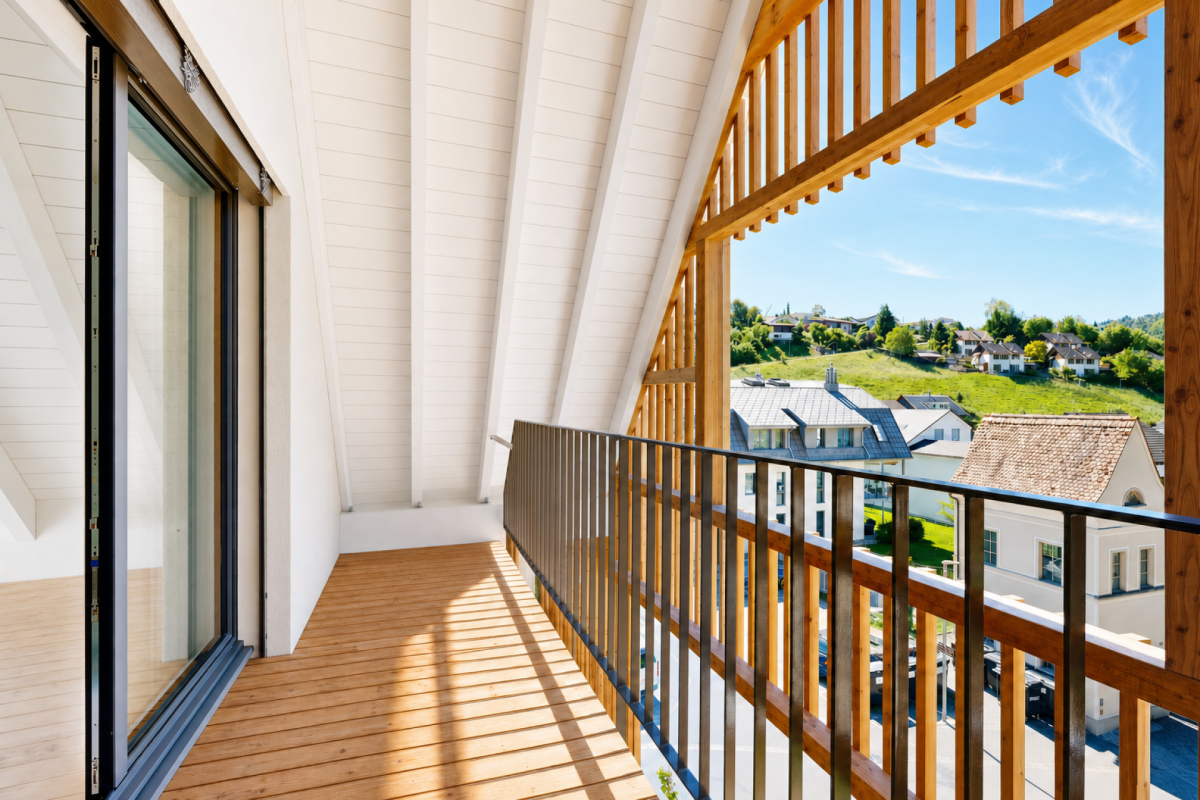 Balkon mit Holzgeländer und Weitblick