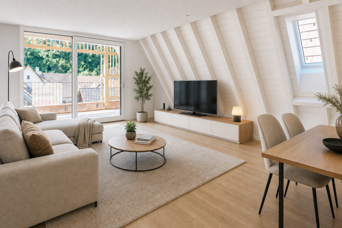Heller Dachgeschoss-Wohnraum mit Balkon