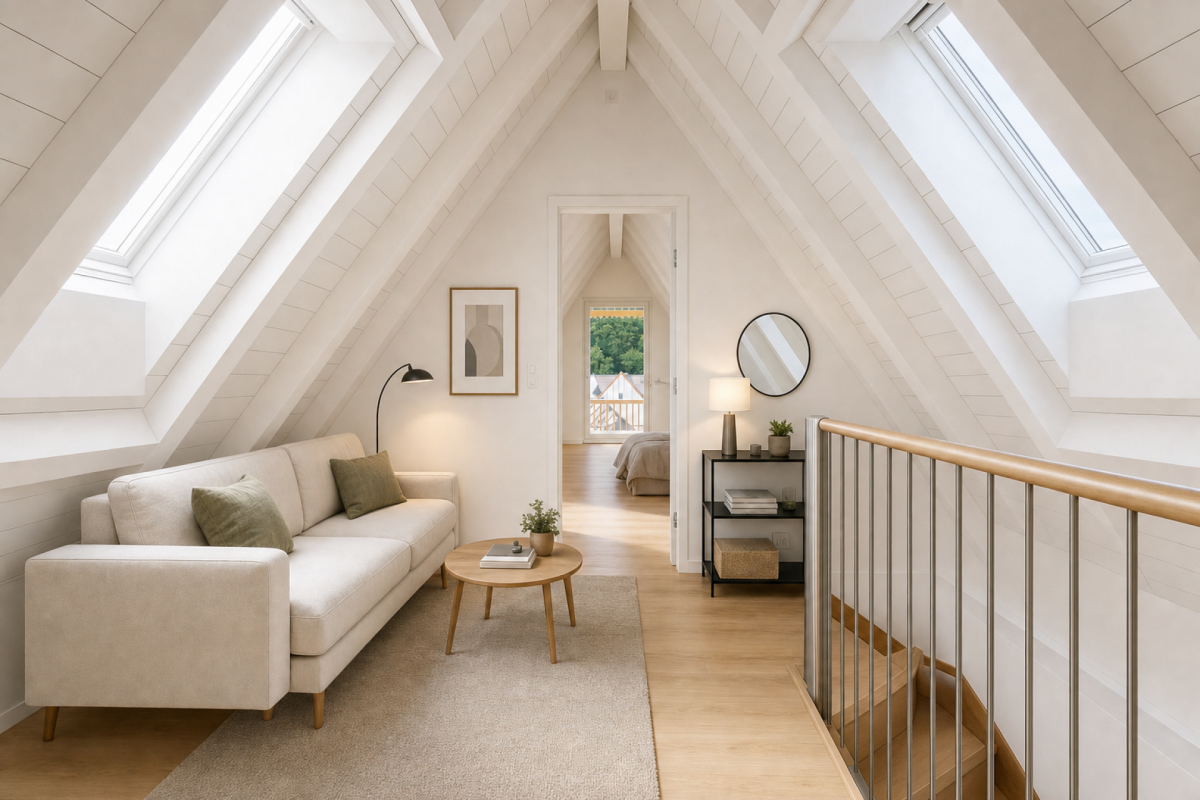 Helles Dachgeschoss-Wohnzimmer mit Galerie