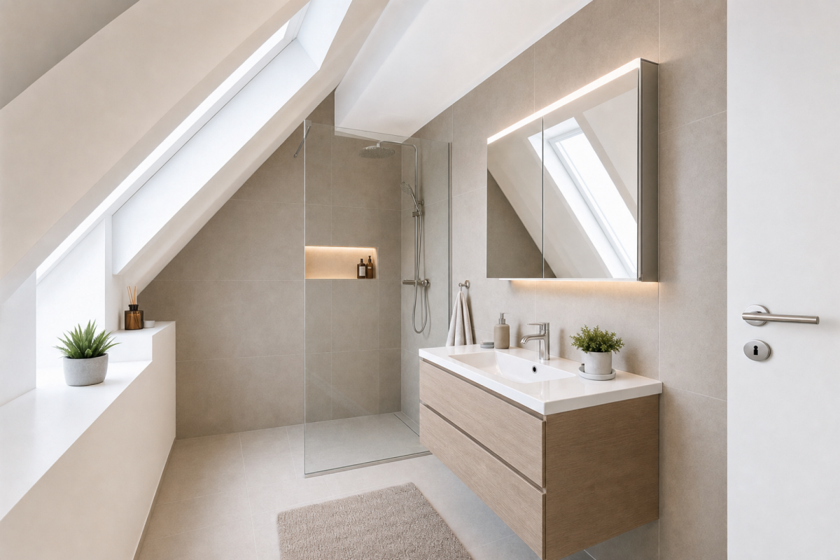 Modernes Dachgeschossbad mit großem Dachfenster