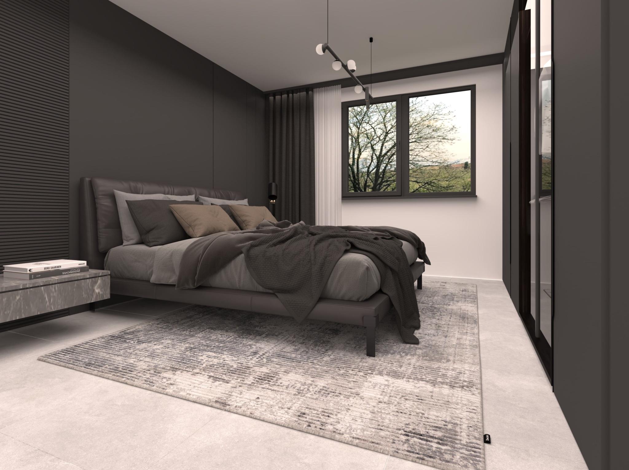 Modernes Schlafzimmer mit dunkler Akzentwand