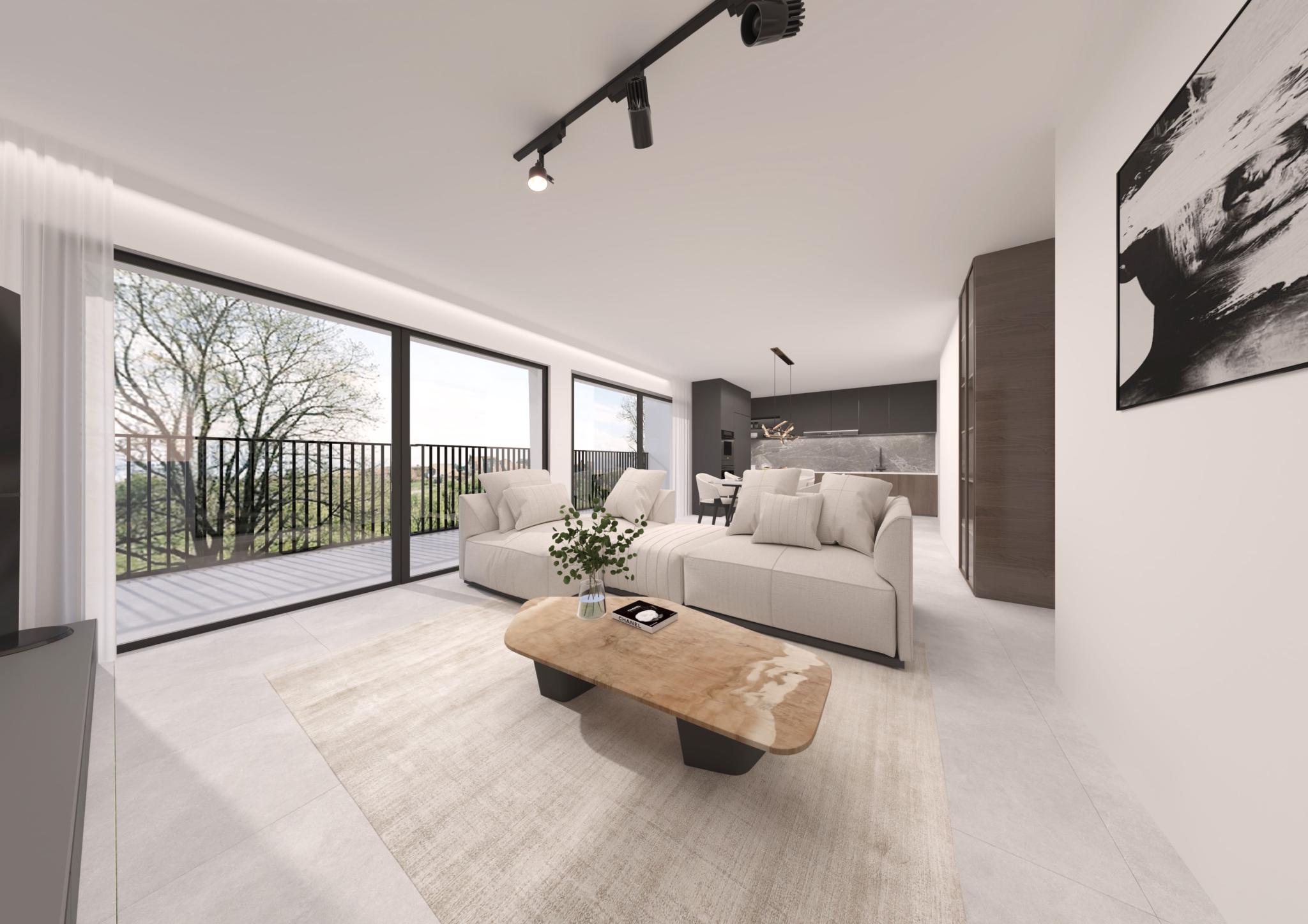 Modernes Wohn-Esszimmer mit offener Küche und großer Fensterfront