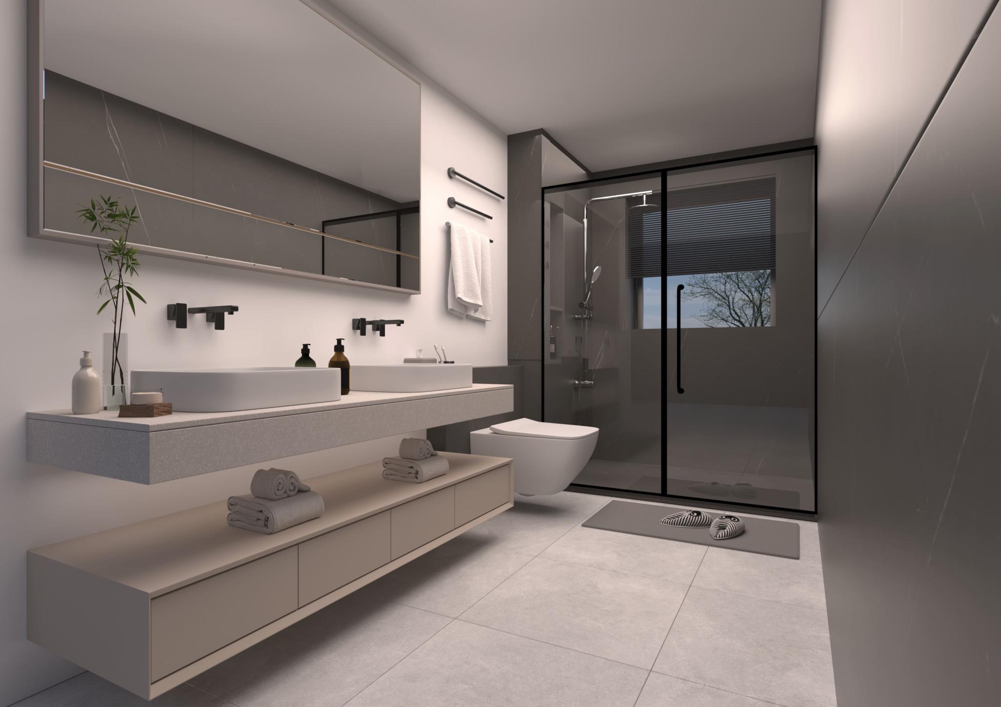 Modernes Badezimmer mit Doppelwaschtisch und Glasdusche