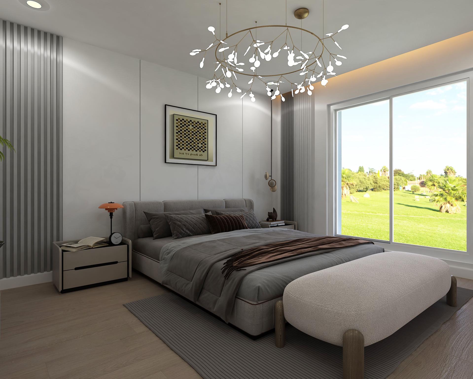 Modernes Schlafzimmer mit großem Fenster und Designleuchte