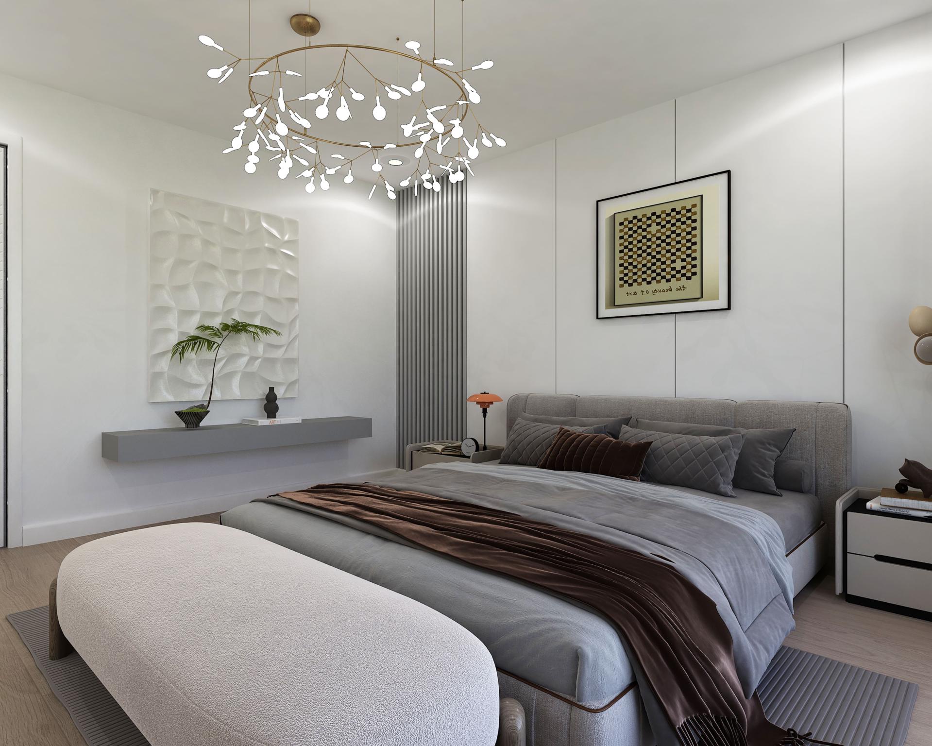 Modernes Schlafzimmer mit Designerleuchte