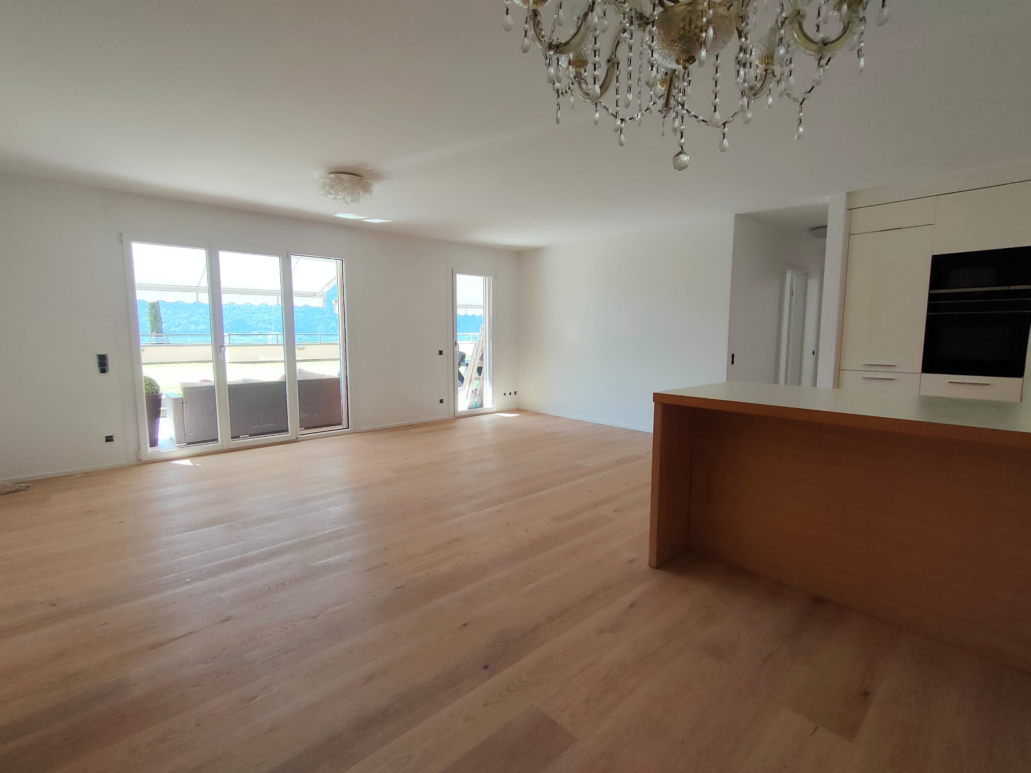 Großer leerer Wohnbereich mit Terrasse und Blick ins Grüne