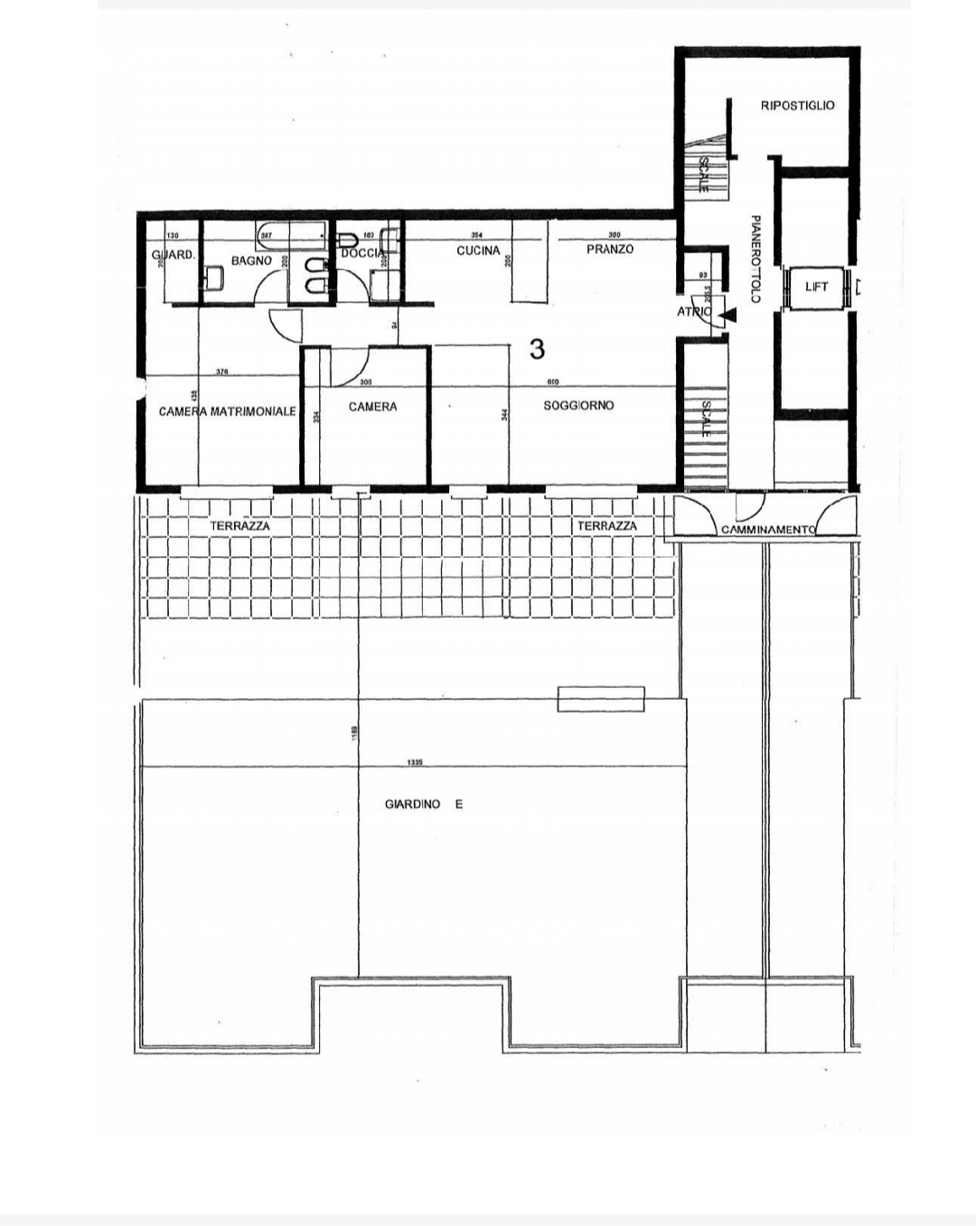 Grundriss einer Wohnung mit Terrasse und Garten