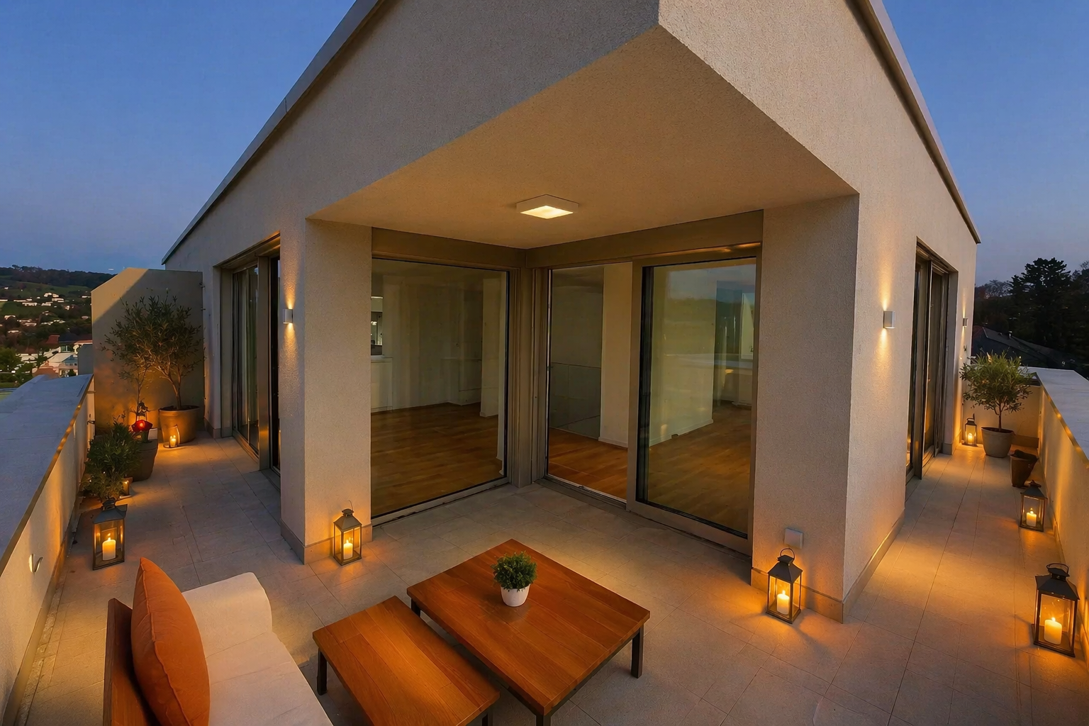 Moderne Dachterrasse mit Lounge und Blick ins Grüne