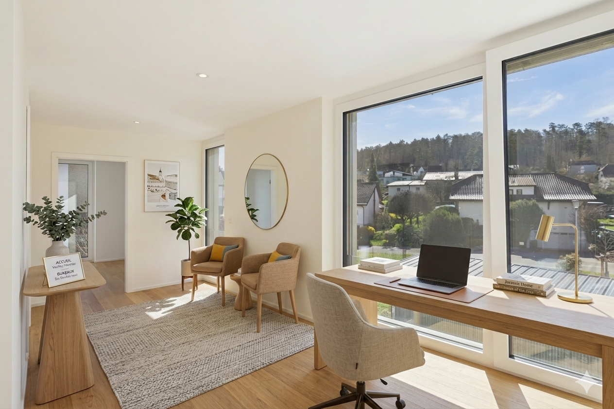 Helles Homeoffice mit großem Fensterblick