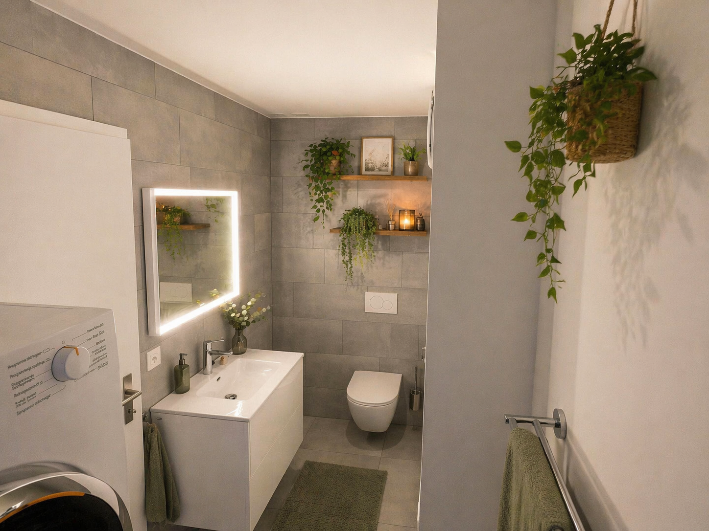 Modernes Gäste-WC mit Pflanzen und Spiegelbeleuchtung