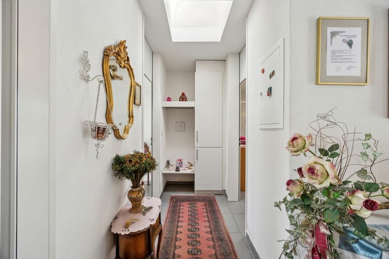 Heller Eingangsflur mit schmalem Laufteppich und Dekoration
