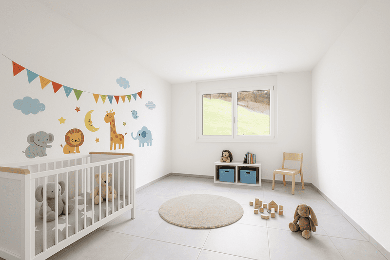 Helles Kinderzimmer mit Babybett und Spielbereich