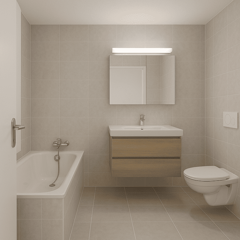 Modernes Badezimmer mit Wanne, Waschtisch und WC