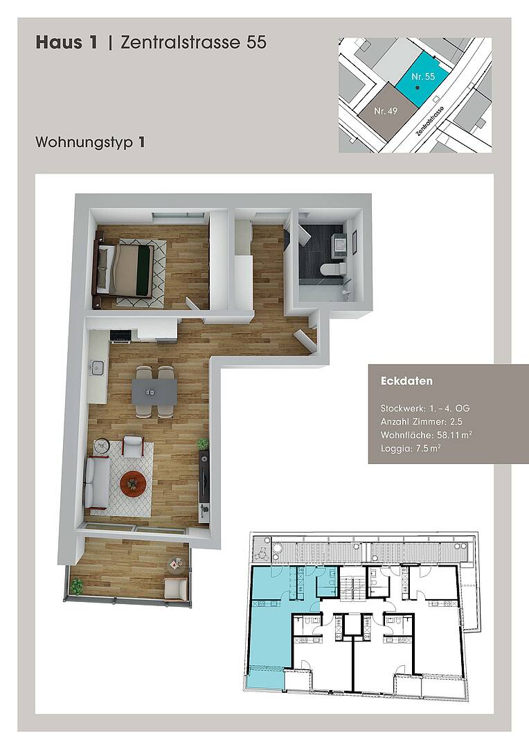 Wohnungsgrundriss mit Eckdaten
