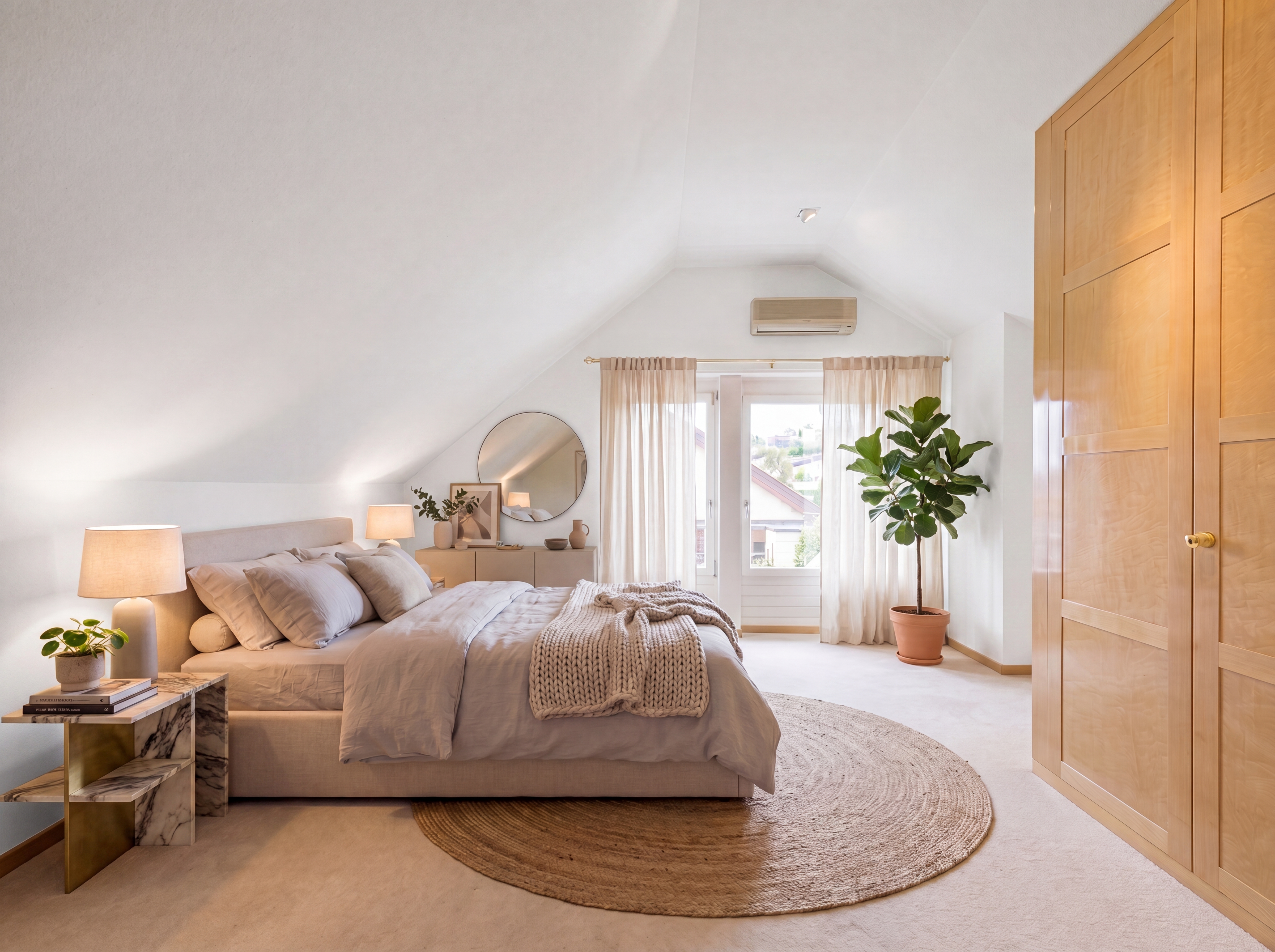 Helles, stilvoll eingerichtetes Schlafzimmer mit Dachschräge