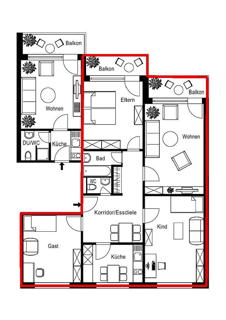 Grundriss einer Wohnung mit mehreren Zimmern und Balkonen