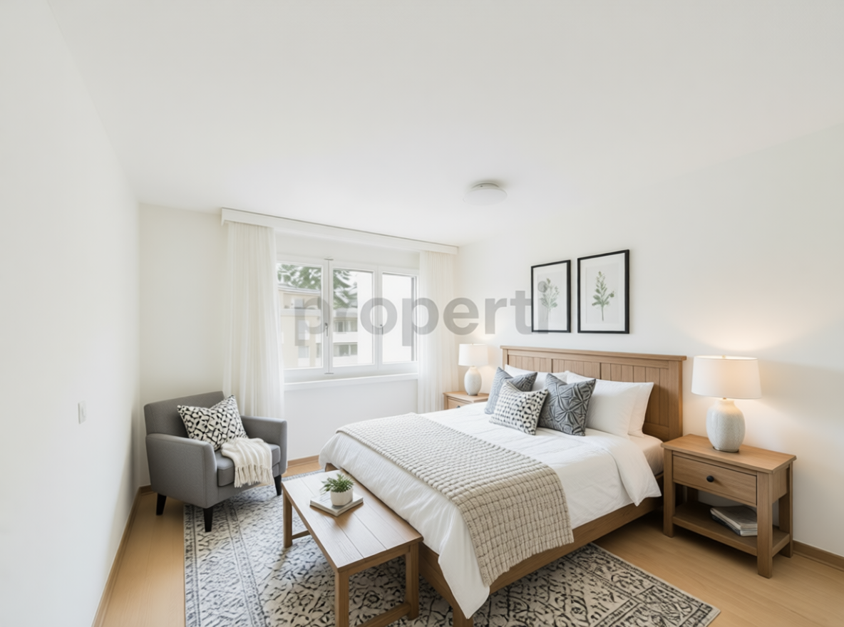 Helles Schlafzimmer mit Holzbetten und Nachttischen