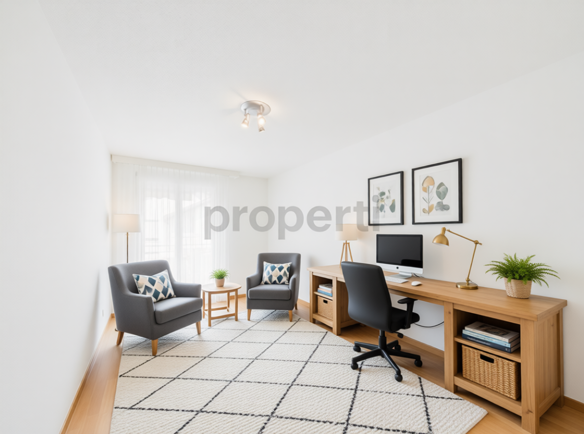 Helles Homeoffice mit zwei Sesseln und Schreibtisch