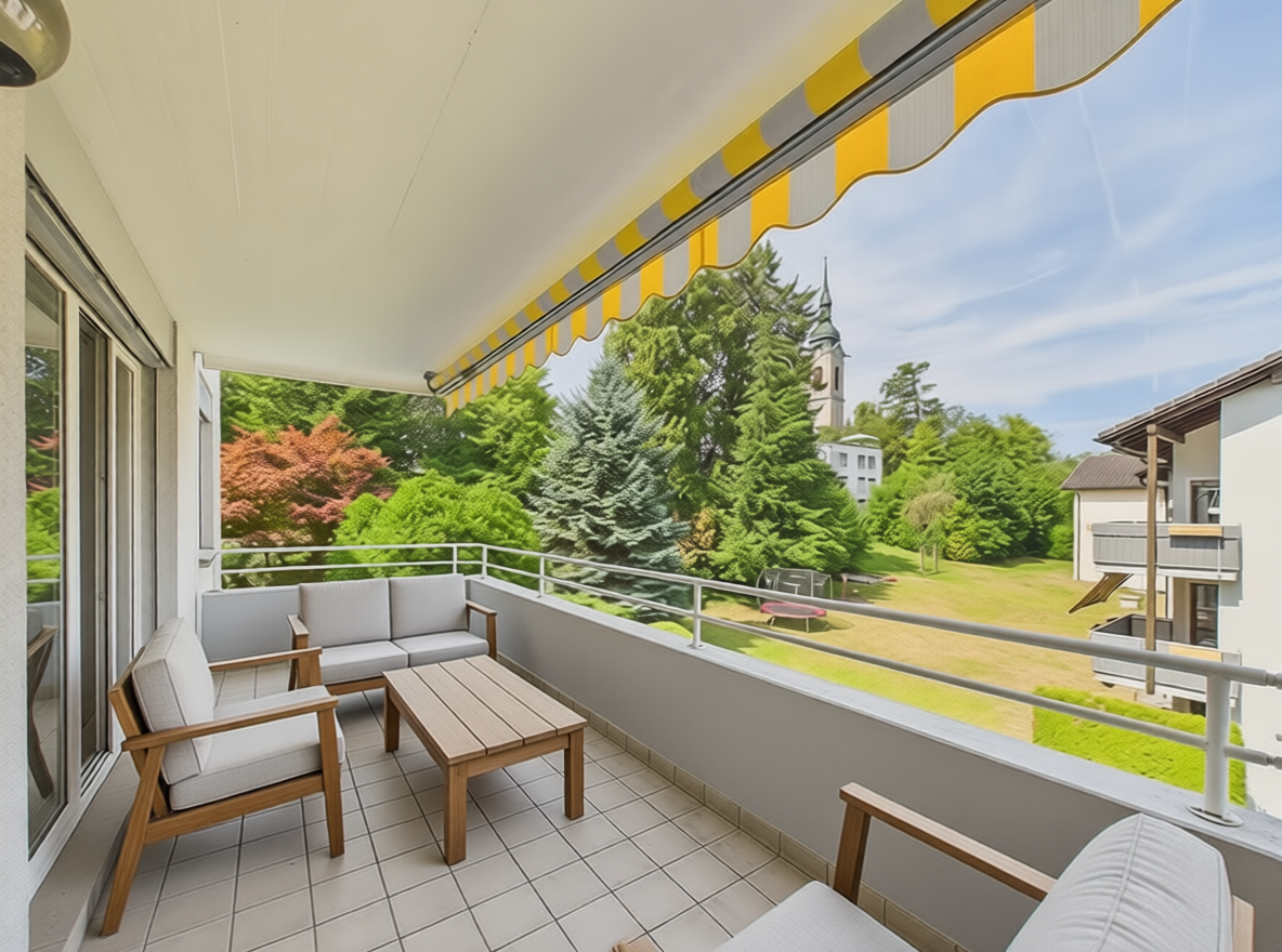 Balkon mit Lounge-Möbeln und Grünblick