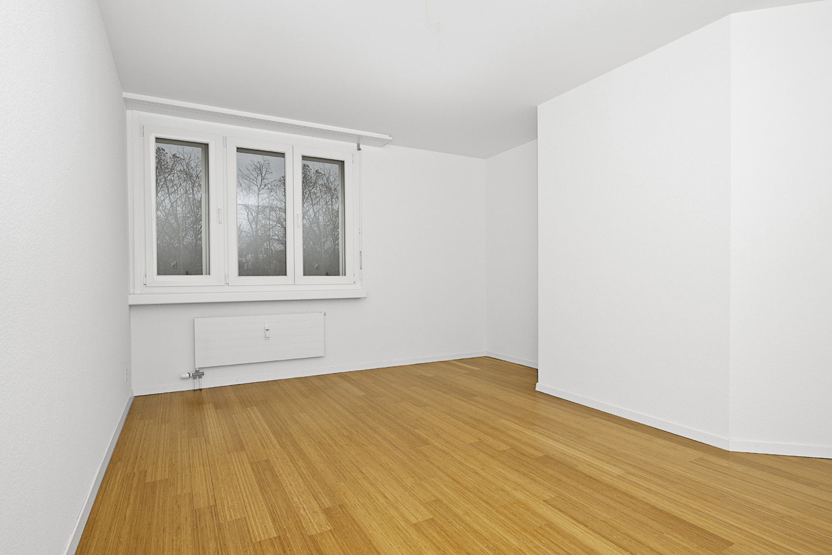 Leerer, heller Wohnraum mit Holzfußboden