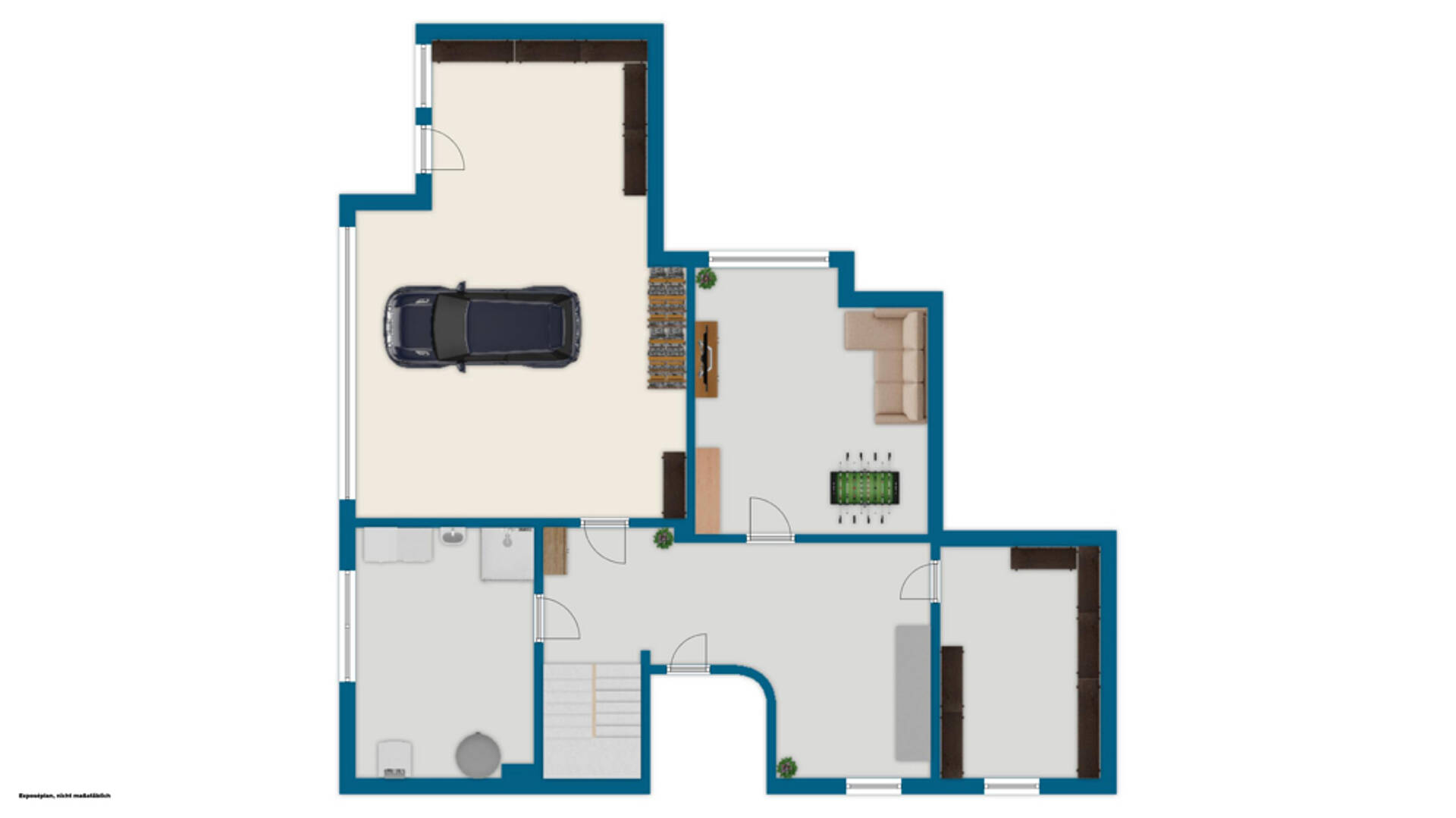Grundriss einer mehrgeschossigen Wohnfläche mit Garage, Wohnbereich, Schlafzimmer und Bad