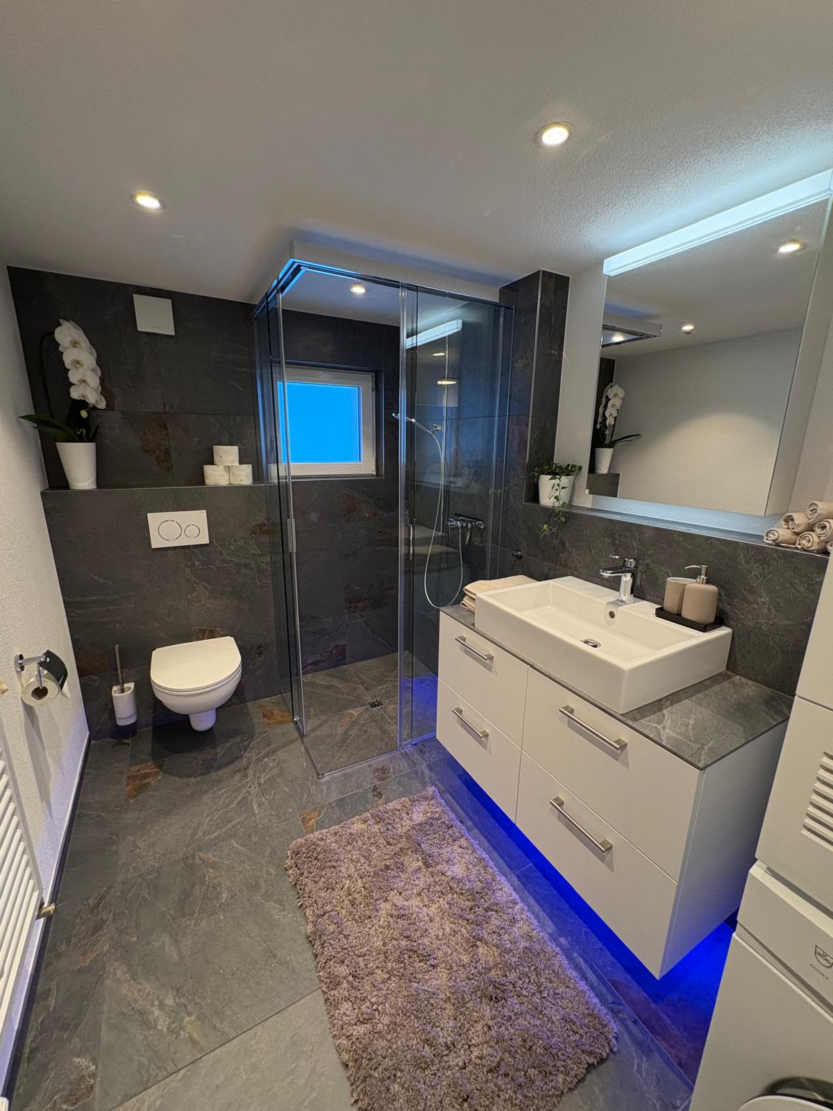 Modernes Badezimmer mit Walk-in-Dusche und Waschtisch