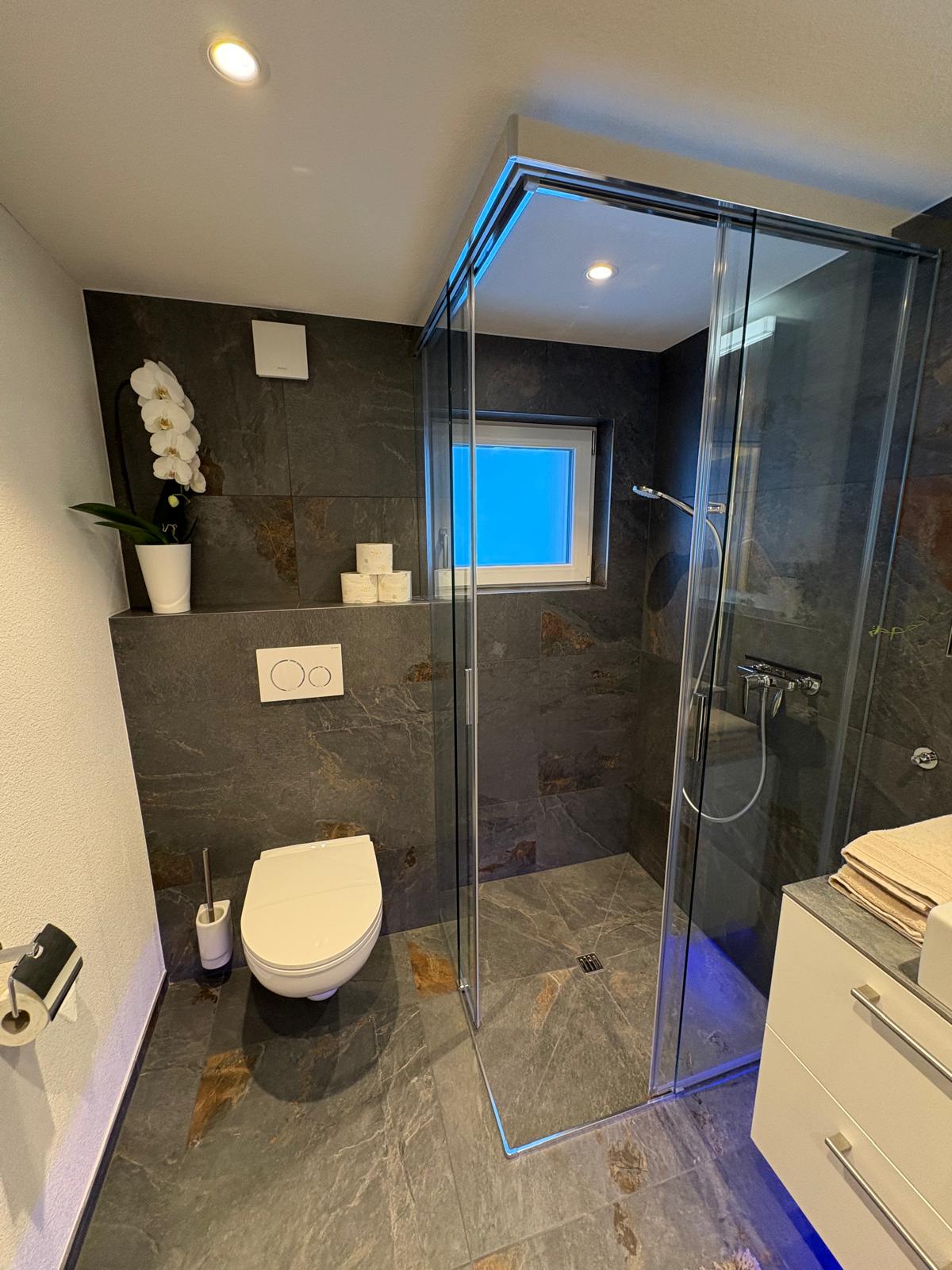 Modernes Badezimmer mit begehbarer Dusche und WC