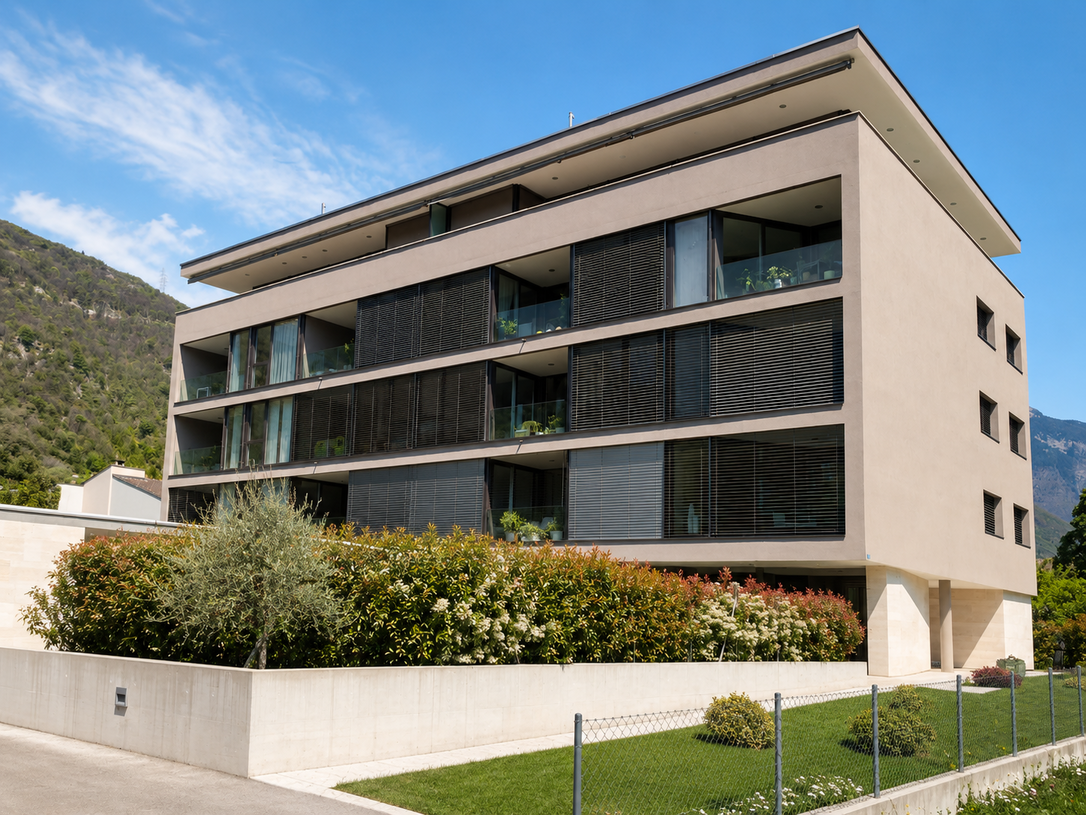 Modernes Mehrfamilienhaus mit Bergkulisse