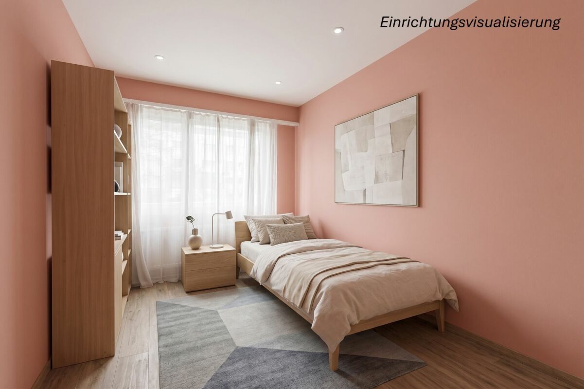 Helles Schlafzimmer mit rosa Wänden und Naturholzmöbeln