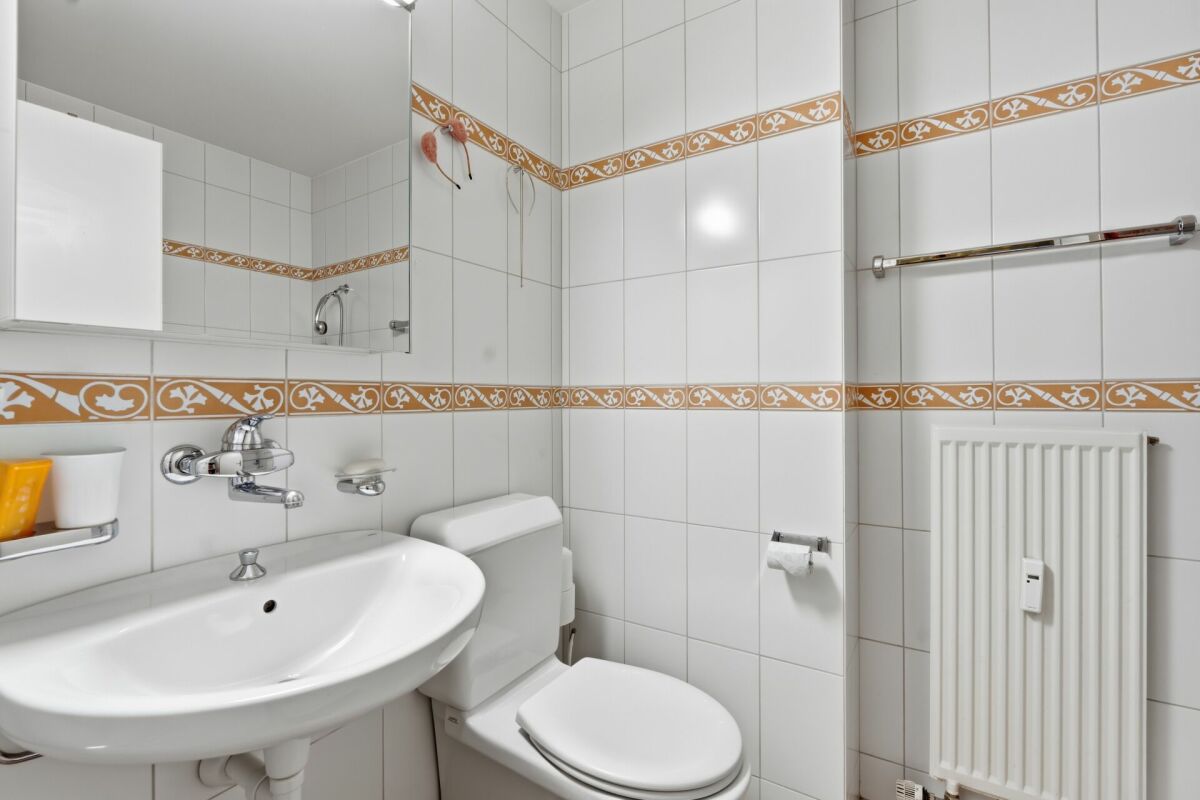 Kleines weißes Bad mit WC und Waschbecken